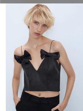 Zara Black Satin Bow-Shoulder V-Neck Cami